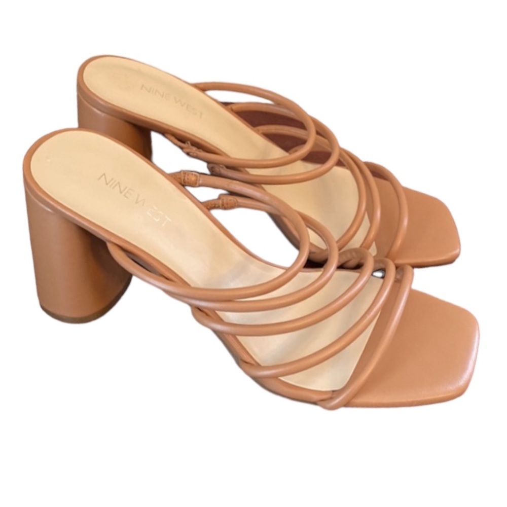 Nine West Glowy Tan SZ 10M Multi Strap Contemporary Chic Block Heel Sandals